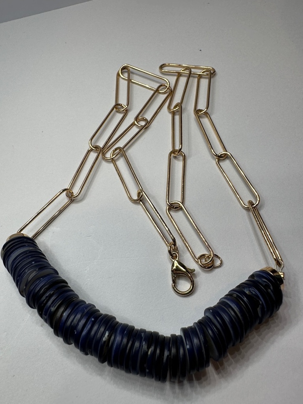 Gold Paperclip Chain Necklace with Navy Shell Disc Beads - Picture 5 of 6